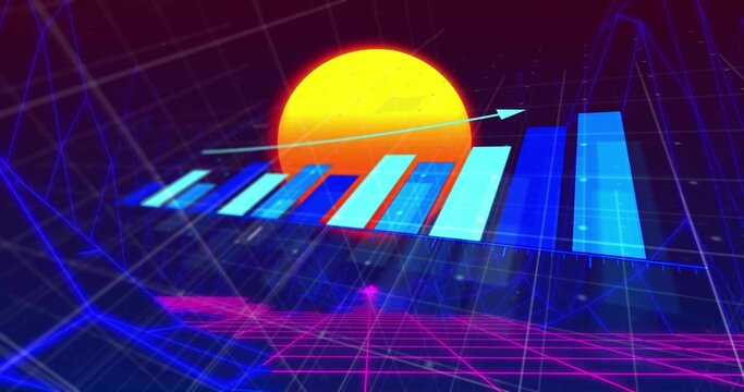 Naklejki Floating 3D bar chart ascending within neon grid plane, with glowing sun disk, arrow and wireframe
