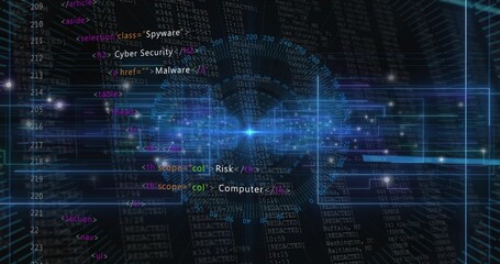 Glowing node sending radial beam across code streams in cyberspace, with spyware malware tags