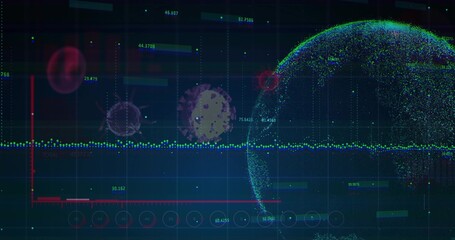 Displaying dot-matrix globe on data dashboard, with virus icons, gridlines, data stream, copy space