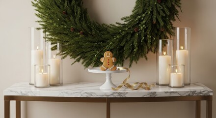 A cozy festive display featuring a gingerbread cookie on a white pedestal, surrounded by glowing candles and a lush green wreath, creating a warm holiday ambiance