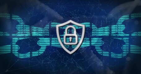 Glowing shield emblem displaying padlock icon hovering over world map, streaming code and hex grid