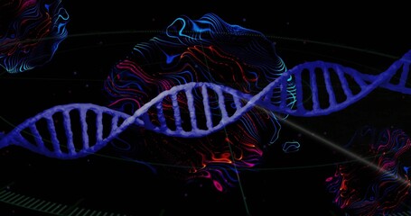 Floating blue DNA double helix strand moving across virtual space, with neon waveforms and streaks