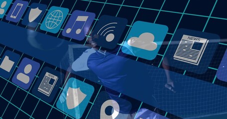 Swinging tennis player in sportswear behind net on court with racket, virtual grid, floating icons