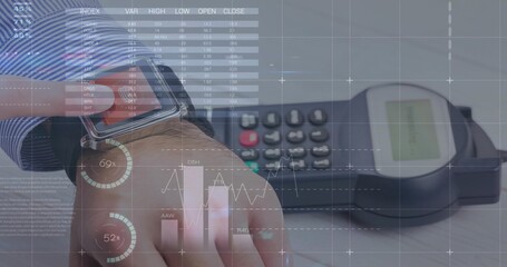 Holding wrist wearing smartwatch over payment terminal, shirt cuff showing, with financial overlay