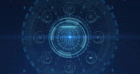 Showing circular fingerprint scanner glowing concentric rings on blue grid, with security icons