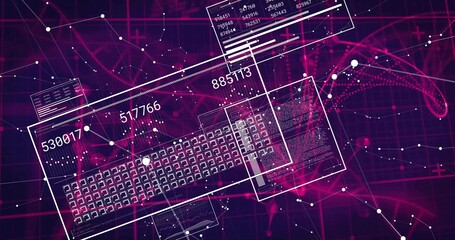 Overlaying keyboard layout with streaming translucent panels showing numeric codes in network space