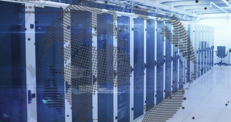 Displaying server cabinets with network gear in data center corridor with globe overlay, copy space