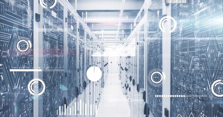 Illuminating data center corridor with glass server racks, fiber cables and floating overlays