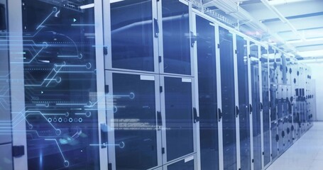 Extending server racks revealing servers in datacenter corridor, featuring digital circuit overlay