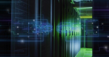 Highlighting server racks under green lighting on raised floor in data center, with circuit overlay