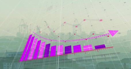 Displaying data overlay harbor port, with container cranes, magenta bars with dotted line arrow