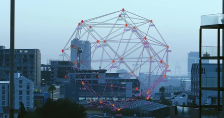 Displaying network dome above balcony connecting orange,purple,gray nodes over cranes in city