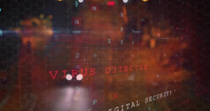 Displaying red VIRUS D3TECTED alert overlaying car lights on night street, with hex grid and code