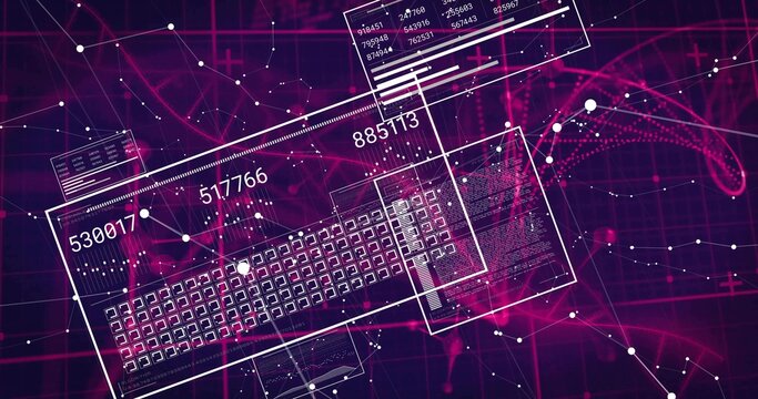 Overlaying keyboard layout with streaming translucent panels showing numeric codes in network space