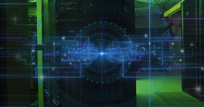 Glowing holographic data overlay illuminating data center corridor, with server cabinets