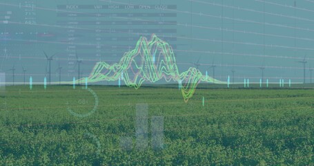 Overlaying digital line graph on open farmland, with wind turbines and numeric data