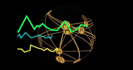 Displaying golden wireframe globe in void, with dotted mesh user icon nodes and neon line charts