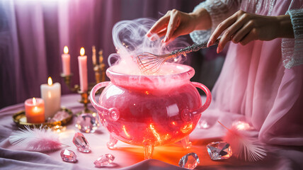 Glam witch brewing potion in a glowing pink crystal cauldron with neon mist and sparkles