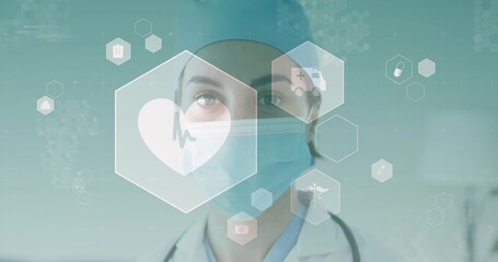 Displaying doctor wearing surgical cap mask and stethoscope at interface, with hexagonal icons