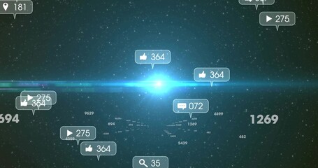Bright central glow emitting flare in starfield, with thumbs-up comment play and navigation icons