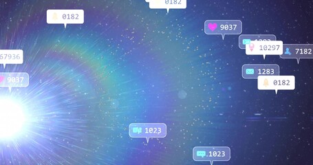 Floating notification bubbles showing heart chat envelope user bell icon counts in cosmic space