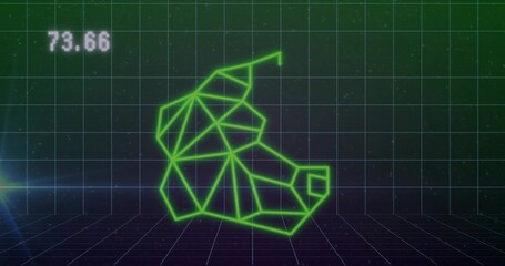 Displaying neon-green wireframe footprint in digital UI, grid overlay, 73