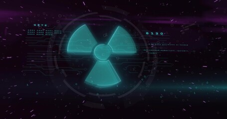 Glowing turquoise radiation hazard symbol hovering on holographic rings showing binary circuitry