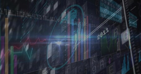 Digital interface running in dashboard, with charts, graphs, globe, data panels, streams and flares