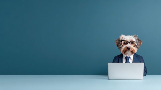 Business Dog with Laptop in Suit and Glasses Celebrating Work Success