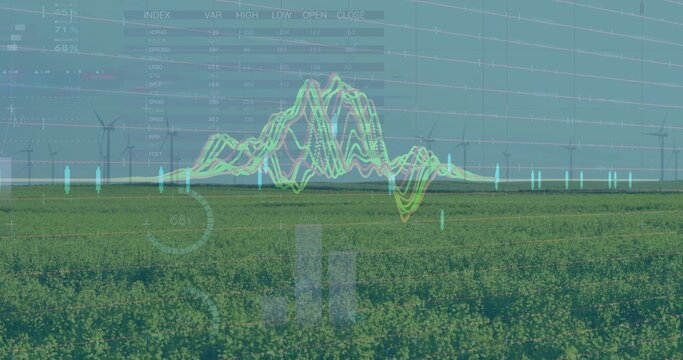 Overlaying digital line graph on open farmland, with wind turbines and numeric data