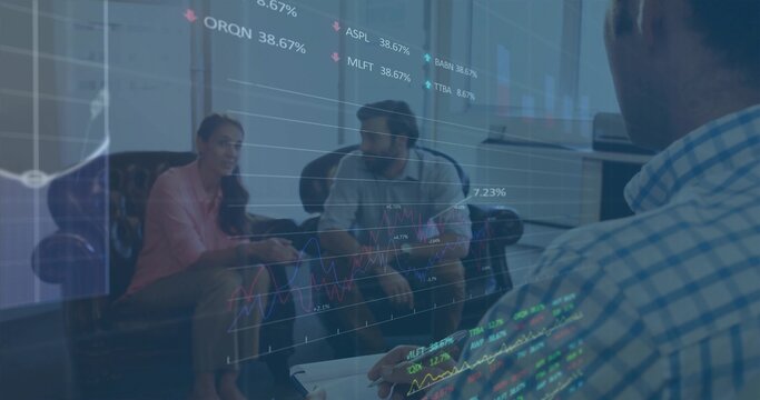 Discussing team wearing business casual sitting on couch in office lounge with tablet and charts