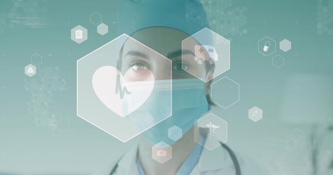 Displaying doctor wearing surgical cap mask and stethoscope at interface, with hexagonal icons - Powered by Adobe