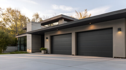 Fototapeta premium Contemporary minimalistic garages with sleek gates. Clean design, modern aesthetics, and functional architecture.