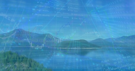Overlaying panoramic mountain lake scene at lakeside with semi-transparent candlestick charts