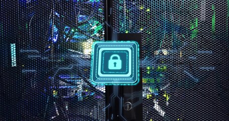 Displaying padlock overlay securing rack door in server room, with cables, circuit lines and LEDs