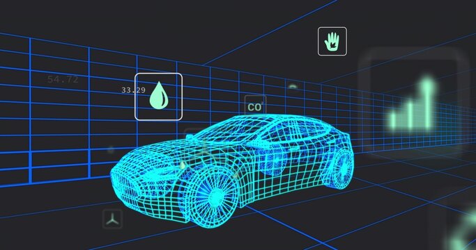 Floating glowing cyan 3D wireframe sedan model in black grid space, with digital metrics
