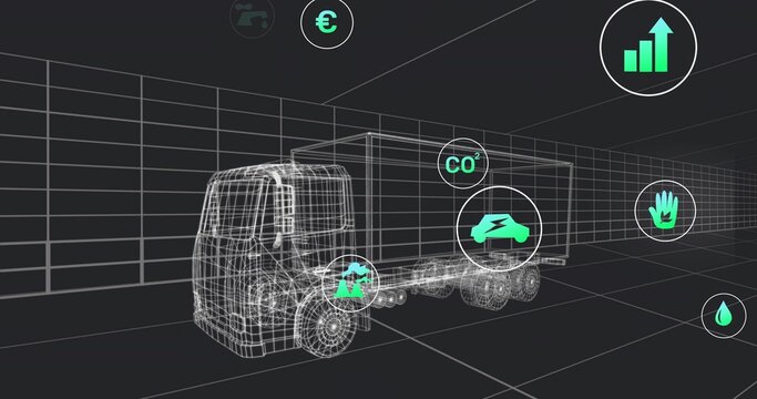 Fototapeta Displaying wireframe truck rotating within 3D grid, with floating icons of business and eco symbols
