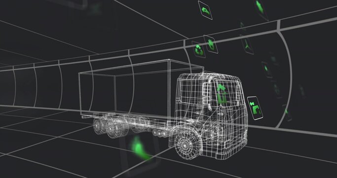 Fototapeta Displaying wireframe semi-truck model traveling through grid tunnel, with floating green UI icons