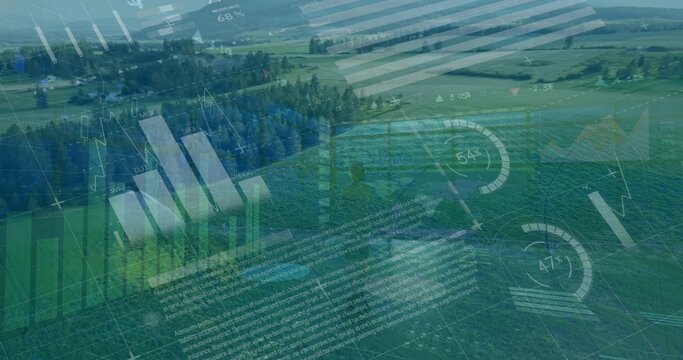 Displaying green crops stretching across rural fields, with digital data overlays and wind turbines