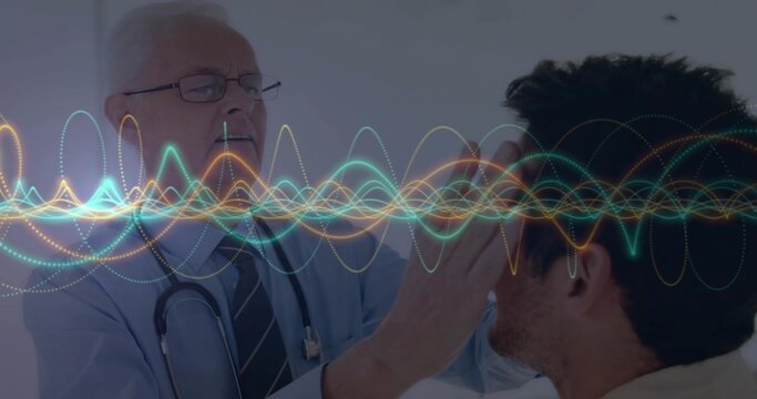 Examining doctor touching patient forehead in clinic with stethoscope and glasses, sinusoidal waves - Powered by Adobe