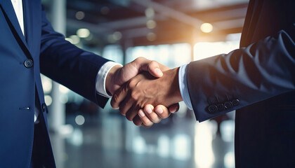 Businessmen handshake agreement inside modern office environment