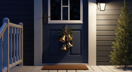 A cozy holiday scene featuring a blue door adorned with three golden bells and a green wreath, accompanied by a lit lantern and a small pine tree on a porch, exuding festive charm