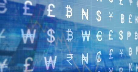 Displaying grid overlay of currency symbols overlaying virtual trading interface with faint charts