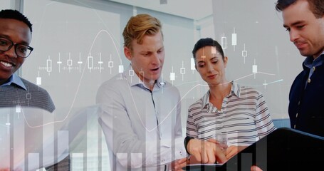 Discussing financial data business professionals using tablet in meeting room with digital overlay