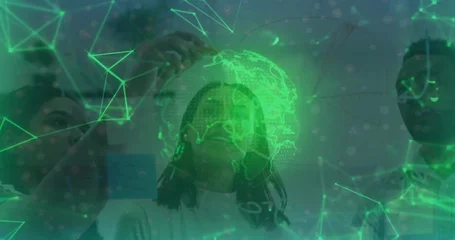 Fotobehang Muziek Tech professionals tapping stylus on glass screen in office, showing network mesh and globe overlay  © vectorfusionart