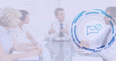 Gesturing man wearing white shirt and tie speaking at conference room, with laptop envelope overlay