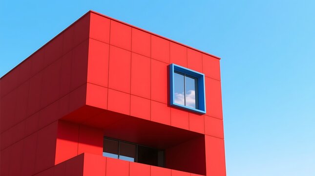 Modern Red Building Facade with Blue Window Against Clear Sky