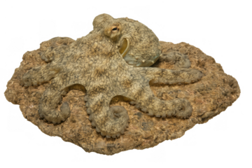 Octopus blending with rock, marine cephalopod showing natural camouflage, animal isolated with transparent background