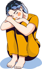 A girl is sitting with her knees hugged. Sad face. Suitable for a poster on the theme of sadness and depression. Vector illustration.