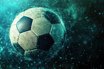 Naklejka premium A dynamic soccer ball in motion against a swirling backdrop of blue and green light